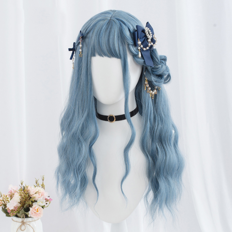 60cm Long Body Wave Gray Blue Mixed Anime Wig Synthetic Cosplay Hair