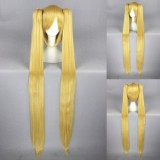 100cm Long Straight Golden Vocaloid Miku Wig Synthetic Hair Anime Cosplay Wigs+2Ponytails CS-075G