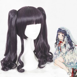 55cm Long Curly Dark Purple Card Captor Sakura Tomoyo Wig Synthetic Anime Cosplay Wigs+2Ponytails CS-361A
