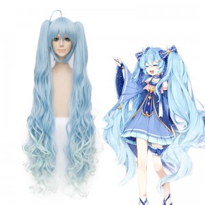 100cm Long Curly Light Blue Mixed Vocaloid Snow Miku Wig Synthetic Anime Cosplay Wigs+2Ponytails CS-075I
