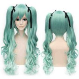 80cm Long Wave Green Mixed Vocaloid Snow Miku Wig Synthetic Anime Cosplay Wig+2Ponytails CS-075J