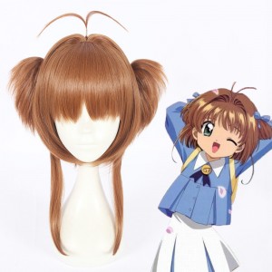 40cm Medium Long Card Captor Sakura Kinomoto Sakura Wig Synthetic Anime Cosplay Wig Two Ponytails Wig CS-362A