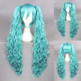 80cm Long Wave Green Wig Vocaloid Synthetic Anime Cosplay Hair Wigs+2Ponytails CS-222A