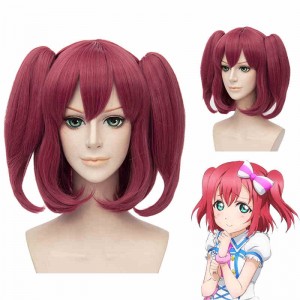35cm Short Curly Watermelon Red LoveLive!Sunshine Ruby Kurosaw Wig Synthetic Anime Cosplay Wigs+2Ponytails CS-181L