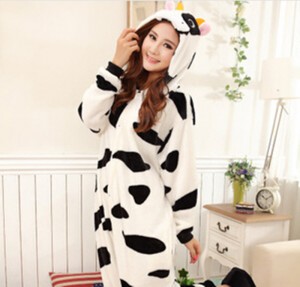 Adult Cartoon Flannel Unisex Black Cow Animal Onesies Anime Kigurumi Costume Pajamas Sets KT004