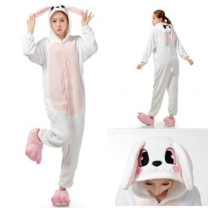 Adult Cartoon Flannel Unisex Pink Rabbit Animal Onesies Anime Kigurumi Costume Pajamas Sets KT061