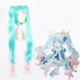 120cm Long Curly Blue&Pink Mixed 2019 Vocaloid Snow Miku Wig Synthetic Anime Cosplay Wigs 2Ponytails CS-403A