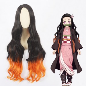 100cm Long Curly Black&Orange Mixed Demon Slayer Kamado Nezuko Wig Synthetic Anime Cosplay Wigs CS-471A
