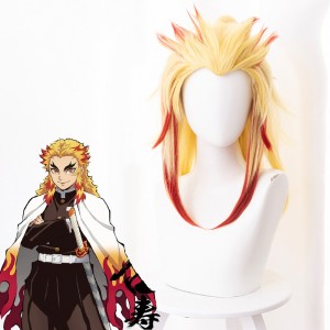 50cm Long Blonde&Red Demon Slayer Rengoku Kyoujurou Wig Synthetic Anime Cosplay Wigs With One Ponytail CS-471K