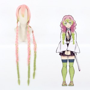 110cm Long Straight Pink&Green Demon Slayer Kanroji Mitsuri Wig Synthetic Anime Braids Cosplay Wigs CS-471G