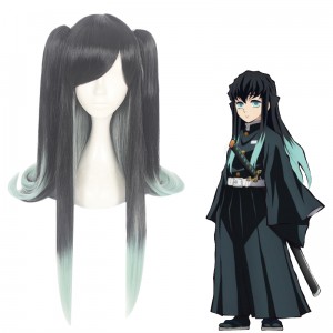 90cm Long Straight Black&Light Green Demon Slayer Tokitou Muichirou Wig Synthetic Anime Cosplay Wigs With 2Ponytails CS-471S