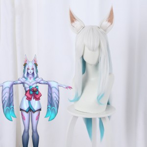 60cm Long Wave White&Blue Mixed LOL Spirit Blossm Ahri Wig Synthetic Anime Cosplay Wigs With Ears CS-119N