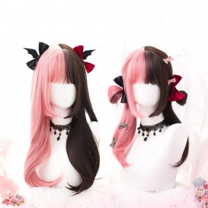 55cm Long Curly Pink&Brown Mixed Wig Synthetic Anime Cosplay Hair Lolita Wigs For Girls CS-821A