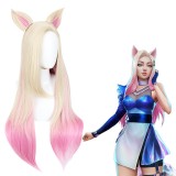80cm Long Beige Pink Mixed League of Legends LOL KDA Ahri Wig Synthetic Anime Cosplay Wig With Two Ears CS-394D