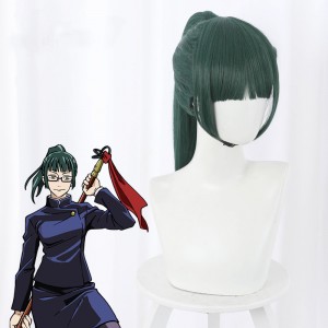50cm Long Straight Green Jujutsu Kaisen Anime Maki Zen'in Wig Synthetic Cosplay Wigs With One Ponytail CS-458D