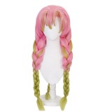80cm Long Pink Green Mixed Demon Slayer Kanroji Mitsuri Wig Synthetic Anime Cosplay Wigs With Three Braids CS-471T