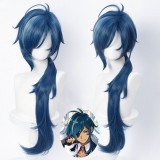 80cm Long Curly Dark Blue Genshin Impact Anime Kaeya Wig Synthetic Anime Cosplay Hair Wigs CS-455U