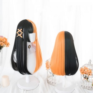 55cm Long Straight And Curly Black&Orange Mixed Wig Synthetic Anime Cosplay Heat Resistant Lolita Hair Wigs CS-821