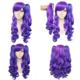 65cm Long Wave Purple&Blue Mixed Anime Cosplay Wig Synthetic Halloween Party Kawaiii Lolita Wig With 2Ponytails CS-046O