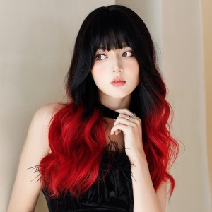 60cm Long Curly Black&Red Dyed Hair Synthetic Anime Cosplay Wig Halloween Party Lolita Fashion Wigs CS-882A