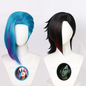 45cm Medium Blue Short Jinx Black Vi Wig League of Legends LOL Arcane Anime Synthetic Cosplay Hair Wigs CS-493FG