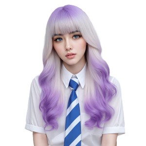 60cm Long Natural Curly Ombre Beige&Purple Dyed Fashion Hair Synthetic Anime Cosplay Lolita Wigs CS-888F