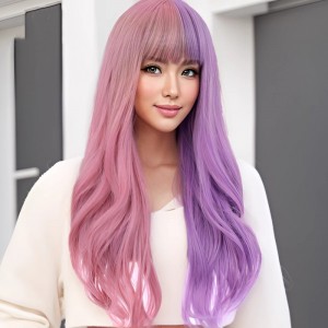 70cm Long Curly Half Pink&Purple Mixed Fashion Hair Synthetic Halloween Party Anime Cosplay Lolita Wigs CS-892AB