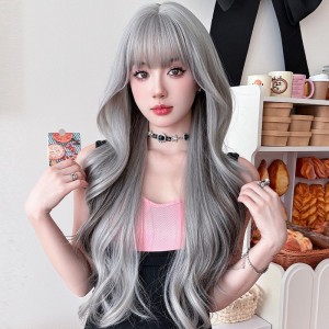 80cm Long Wave Silver Gray Black Mixed Lolita Wig New Fashion Synthetic Anime Halloween Party Cosplay Hair Wig for Women CS-898A
