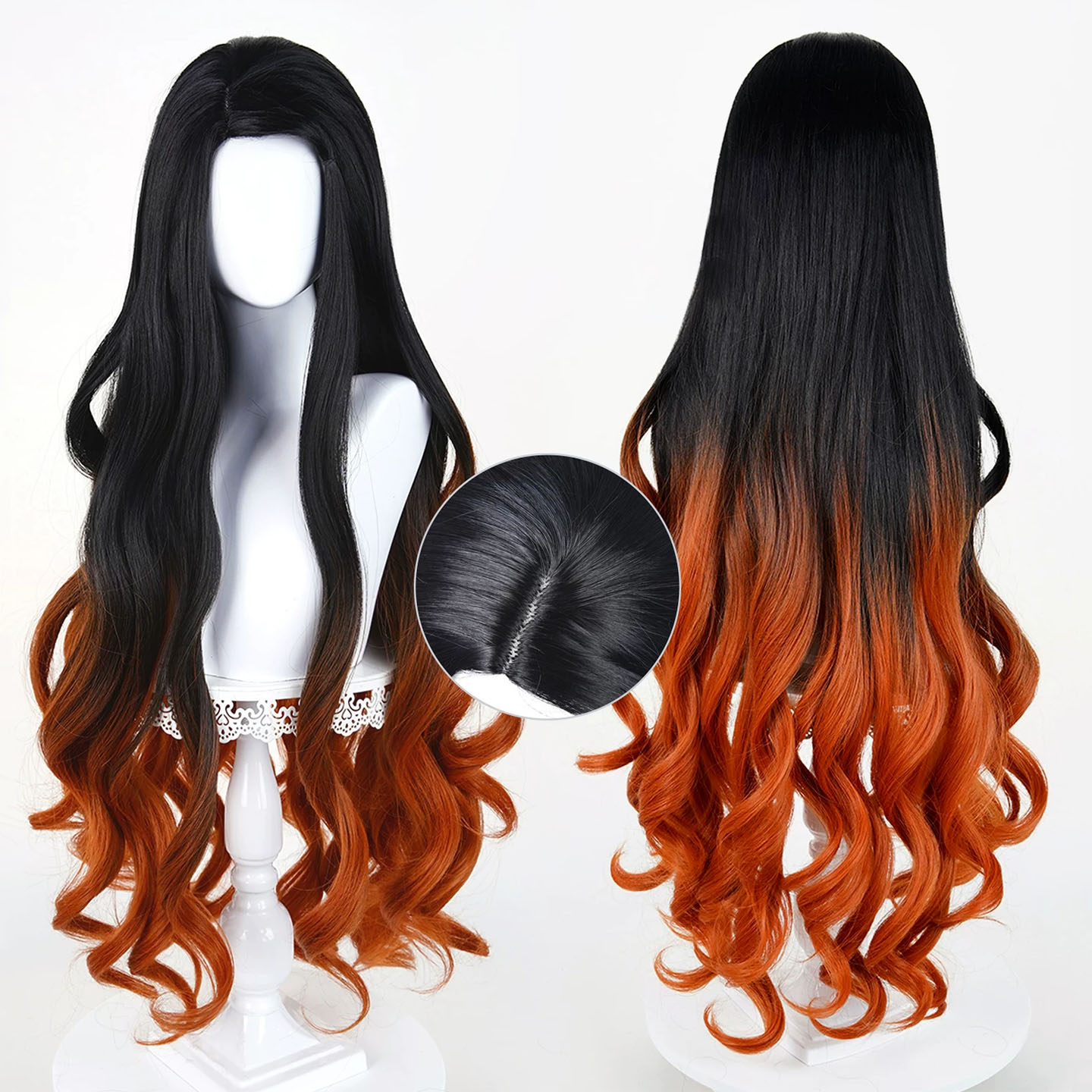 100cm Long Wave Black&amp;amp;amp;amp;Dark Orange Dyed Wig Demon Slayer Kamado Nezuko Wig Cosplay Synthetic Anime Hair Wigs CS-471AA