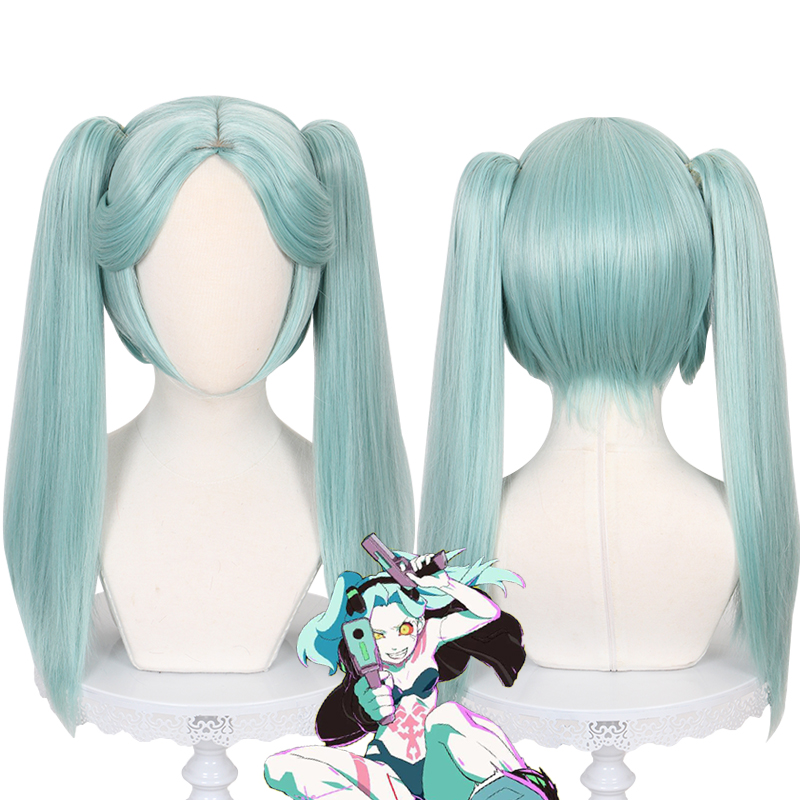 50cm Long Straight Green Cyberpunk: Edgerunners Anime Rebecca Wig Cosplay Synthetic Halloween Party Hair Wig With Two Ponytails CS-513B
