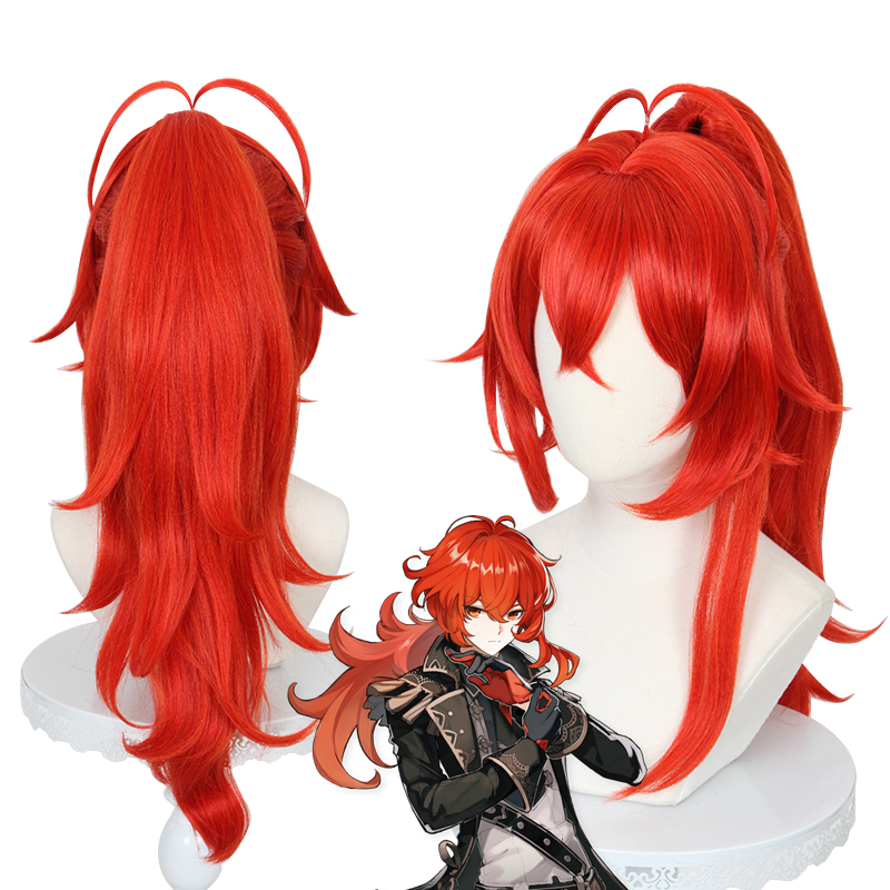 70cm Long Curly Red Genshin Impact Diluc Wig Cosplay Synthetic Anime Heat Resistant Hair Wig With One Ponytail CS-466V