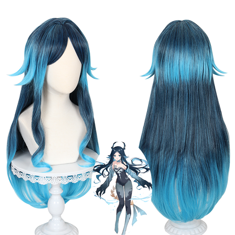 90cm Long Blue Mixed Genshin Impact Anime Bonanus Hydro Yaksha Wig Cosplay Synthetic Heat Resistant Hair Wig CS-466U