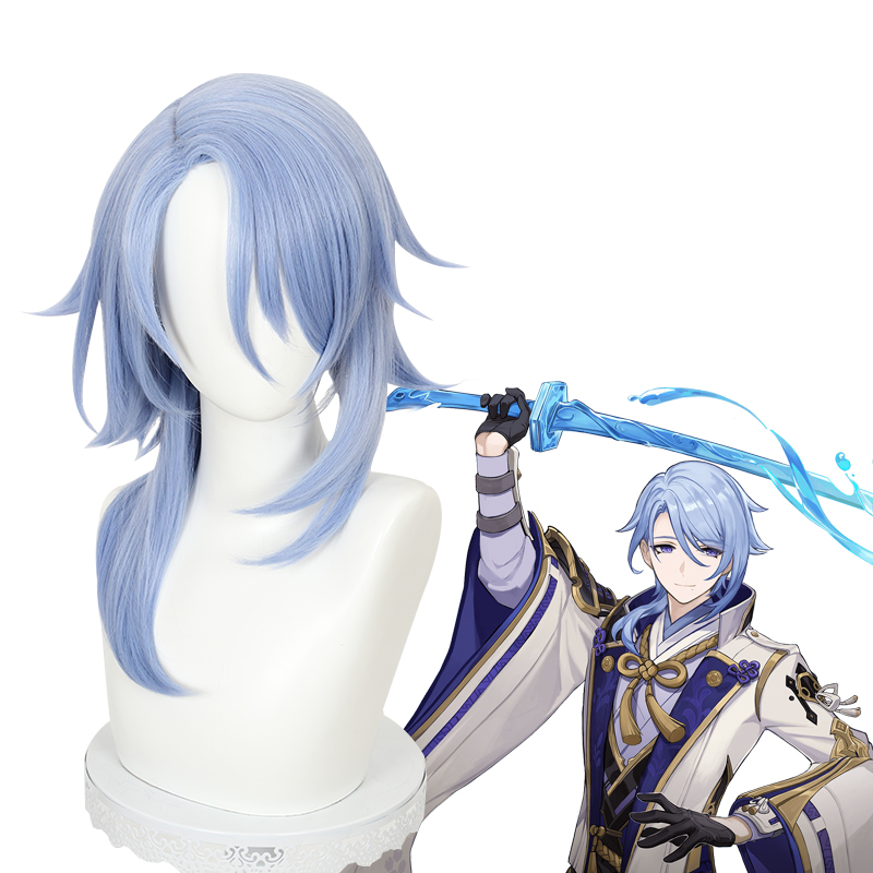 45cm Medium Long Light Blue Genshin Impact Anime Kamisato Ayato Wig Cosplay Synthetic Heat Resistant Hair Wigs CS-466P