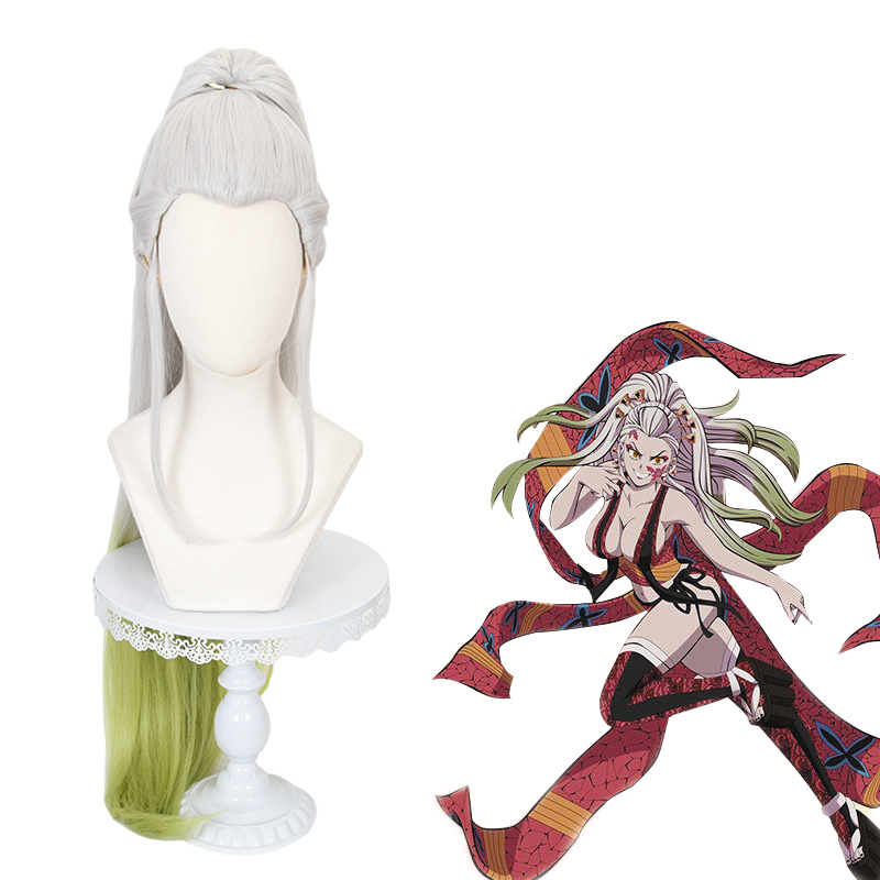 100cm Long Silver&amp;Green Mixed Demon Slayer Anime Daki Wig Cosplay Synthetic Hair Wigs With One Ponytail CS-471V