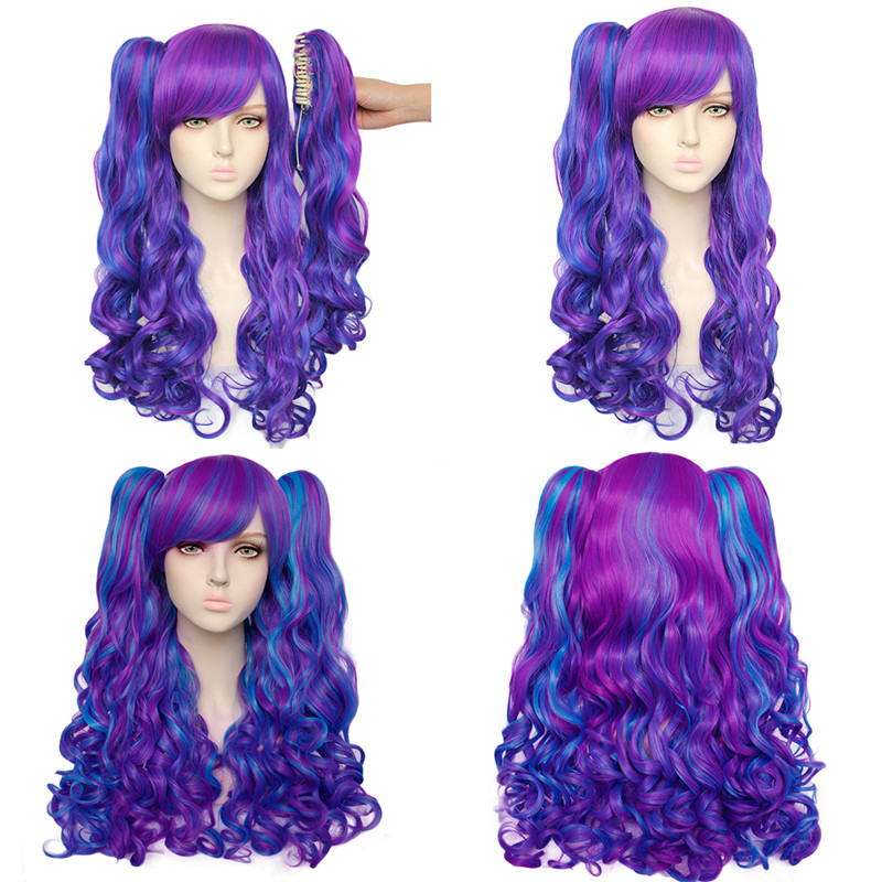 65cm Long Wave Dark Purple&amp;Blue Mixed Anime Cosplay Wig Synthetic Halloween Party Kawaiii Lolita Wig With 2Ponytails CS-046C